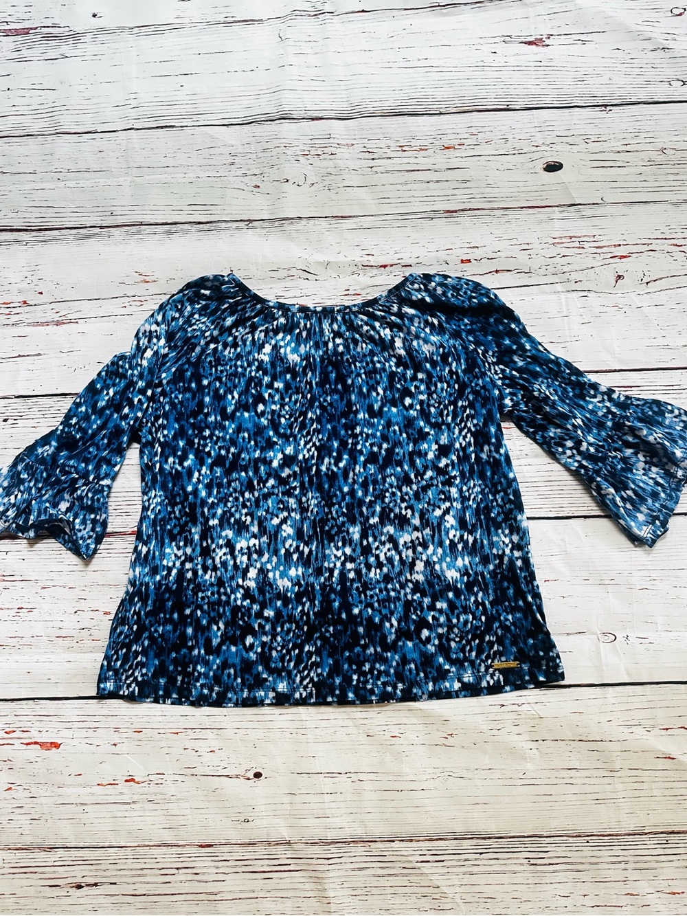 Michael Kors Blue Patterned Bell-Sleeve Top! Size M